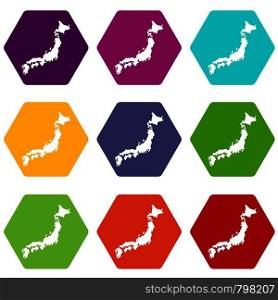 Map of Japan icon set many color hexahedron isolated on white vector illustration. Map of Japan icon set color hexahedron