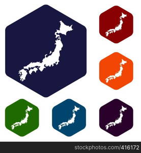 Map of Japan icons set rhombus in different colors isolated on white background. Map of Japan icons set