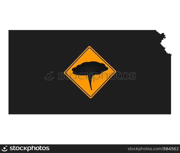 Map of Kansas and traffic sign tornado warning