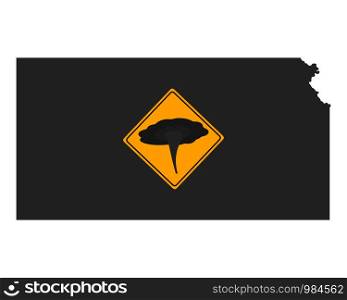 Map of Kansas and traffic sign tornado warning