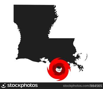 Map of Louisiana and hurricane symbol