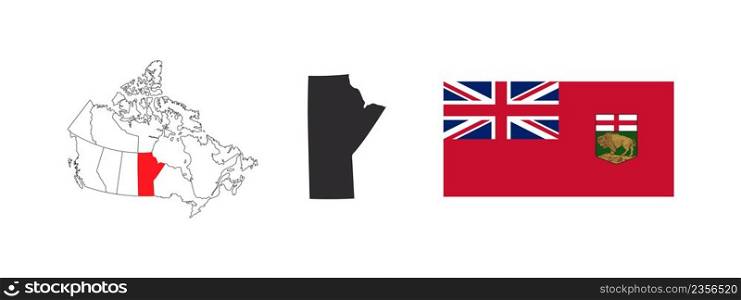 Map of Manitoba. Flag of Manitoba. Provinces and territories of Canada. Vector illustration