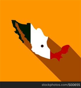 Map of Mexico with the image of the national flag icon in flat style on a yellow background . Map of Mexico with the image of the national flag