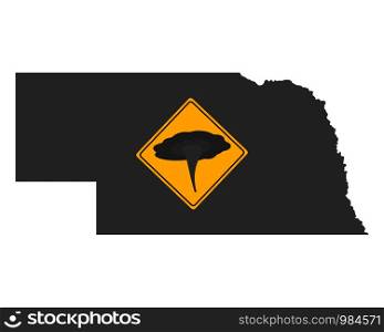 Map of Nebraska and traffic sign tornado warning
