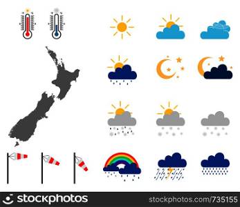 Map of New Zealand with weather symbols