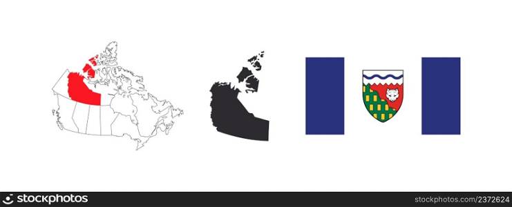 Map of Northwest Territories. Flag of Northwest Territories. Provinces and territories of Canada. Vector illustration