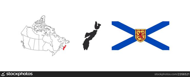 Map of Nova Scotia. Flag of Nova Scotia. Provinces and territories of Canada. Vector illustration