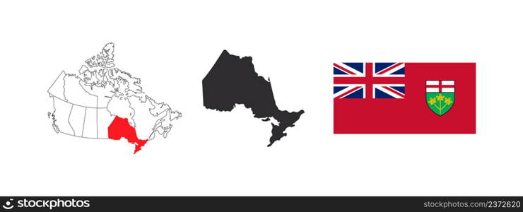 Map of Ontario. Flag of Ontario. Provinces and territories of Canada. Vector illustration