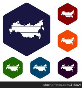 Map of Russia icons set rhombus in different colors isolated on white background. Map of Russia icons set