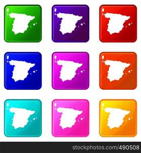 Map of Spain icons of 9 color set isolated vector illustration. Map of Spain set 9