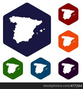 Map of Spain icons set rhombus in different colors isolated on white background. Map of Spain icons set