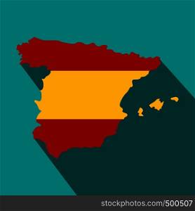 Map of Spain in Spanish flag colors icon in flat style on a blue background . Map of Spain in Spanish flag colors icon