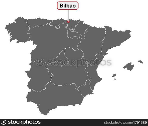 Map of Spain with place name sign of Bilbao