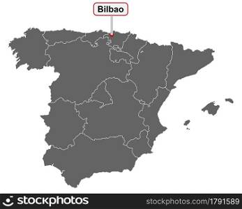 Map of Spain with place name sign of Bilbao