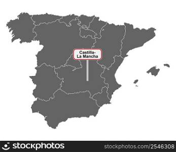 Map of Spain with place name sign of Castilla- La Mancha