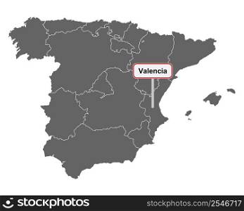 Map of Spain with place name sign of Valencia
