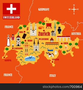 Map of Switzerland with landmarks. Swiss architecture, national flag, costume, food, cow and other swiss elements in flat style. Vector illustration. Map of Switzerland with landmarks