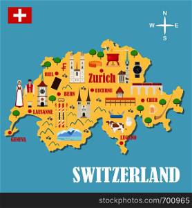 Map of Switzerland with landmarks. Swiss architecture, national flag, costume, food, cow and other swiss elements in flat style. Vector illustration. Map of Switzerland with landmarks