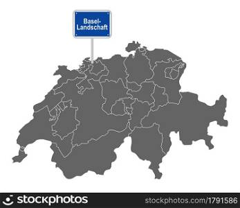 Map of Switzerland with road sign of Basel-Landschaft