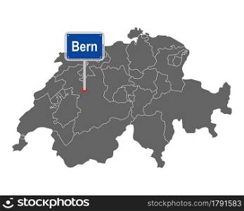 Map of Switzerland with road sign of Bern