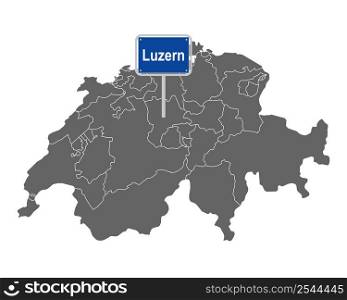 Map of Switzerland with road sign of Luzern