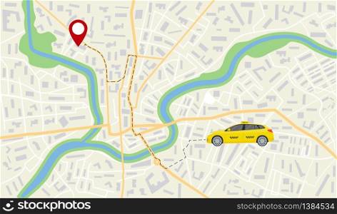 Map of taxi car. App navigator, gps on street of city. Direction, destination of taxi vehicle on road. App for travel, delivery, business. Orientation, location in town. Pathway on address. Vector.. Map of taxi car. App navigator, gps on street of city. Direction, destination of taxi vehicle on road. App for travel, delivery, business. Orientation, location in town. Pathway on address. Vector