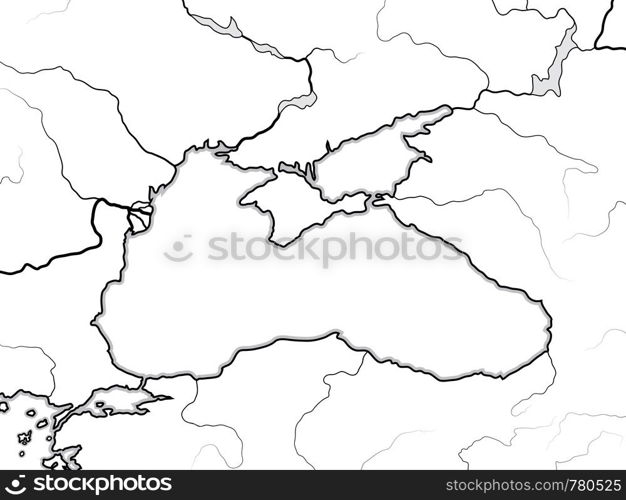 Map of The BLACK SEA basin: Black Sea (Pontus Euxinus), Azov Sea (Maeotis), Crimea & Circum-Pontic countries: Bulgaria, Romania, Ukraine, Turkey, Georgia. Geographic chart with coastline and rivers.