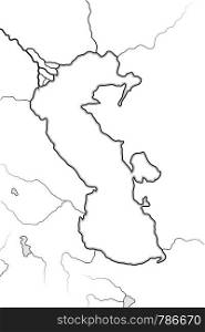 Map of The CASPIAN SEA basin: Central Asia, Caspian Sea & Circum-Caspian Region: Azerbaidjan, Atropatene, Hyrcania, Persia, Iran, Turkmenistan, Kazakhstan, Chorasmia. Geographic chart with coastline.