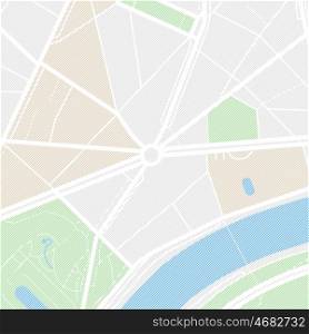 Map of the city. Flat design abstract vector illustration of a town with streets, parks and pond.