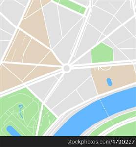 Map of the city. Flat design abstract vector illustration of a town with streets, parks and pond.