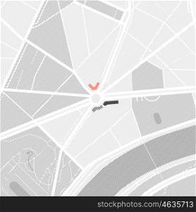 Map of the city. Gray color monochromatic pattern. Abstract vector illustration of a town with streets, parks and pond.