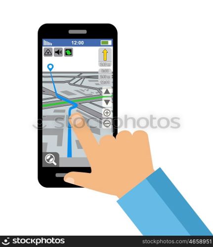 Map of the city on the smartphone screen. GPS navigation. Vector