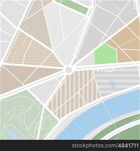 Map of the city with streets, parks and pond. Flat design abstract vector illustration
