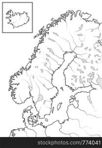 Map of The SCANDINAVIAN Lands: Scandinavia, Sweden, Norway, Finland, Lapland, Karelia, Baltia, Denmark & Iceland [insert]. Geographic chart with Scandinavian peninsula, sea coastline and islands.