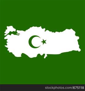 Map of Turkey with national flag symbols icon white isolated on green background. Vector illustration. Map of Turkey with national flag symbols icon green