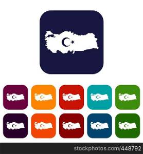 Map of Turkey with national flag symbols icons set vector illustration in flat style In colors red, blue, green and other. Map of Turkey with national flag symbols icons set
