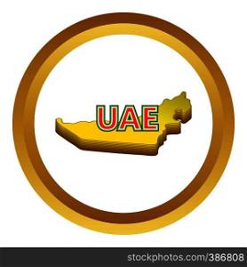 Map of UAE vector icon in golden circle, cartoon style isolated on white background. Map of UAE vector icon