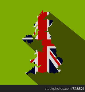 Map of UK of the national flag icon in flat style on a green background. Map of UK of the national flag icon, flat style