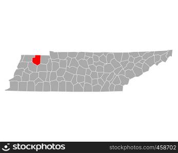 Map of Weakley in Tennessee