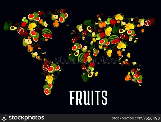 Map of world continents design of fruits. Vector elements of exotic and tropical fresh fruits apple, grape, pineapple, orange, mango. Vegetarian and healthy raw nutrition design. Map of fruits world continents