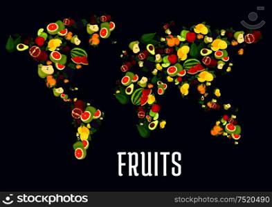 Map of world continents design of fruits. Vector elements of exotic and tropical fresh fruits apple, grape, pineapple, orange, mango. Vegetarian and healthy raw nutrition design. Map of fruits world continents