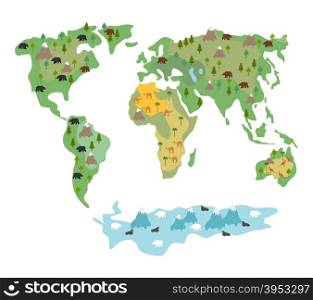 Map of world with animals and trees. Geographic map of globe with flora and fauna. Conditional cartoon kids map with bears and kangaroos. World map with Continents of Earth. Atlas continents and oceans. Existence of Seal and polar bear