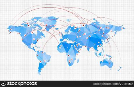 Map of world with linking points between continents. Vector illustration. Trendy triangles design. Map of World