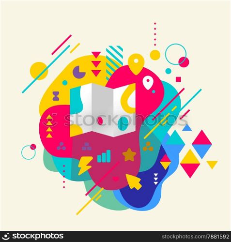 Map on abstract colorful spotted background with different elements. Flat design.