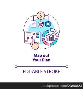 Map out your plan concept icon. Business planning. Step to start virtual office abstract idea thin line illustration. Isolated outline drawing. Editable stroke. Arial, Myriad Pro-Bold fonts used. Map out your plan concept icon