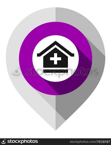Map pin, hospital symbol, gps pointer folded from gray paper