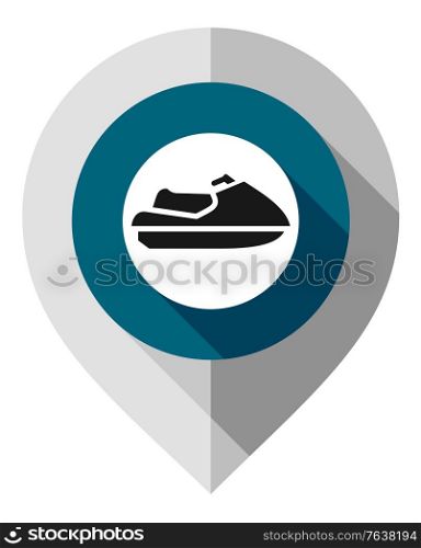 Map pin, jet ski symbol, gps pointer folded from gray paper