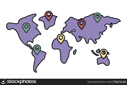 Map pin point icon, locator position pinpoint vector. Trendy navigation symbol for website design, mobile app. Shipping and globe delivery, worldwide service, continents and pointers illustration. Pinpoints and Map, Locations, Worldwide Delivery