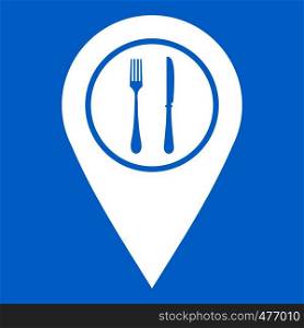 Map pin pointer with cafe or restaurant sign icon white isolated on blue background vector illustration. Map pin pointer with cafe or restaurant sign icon