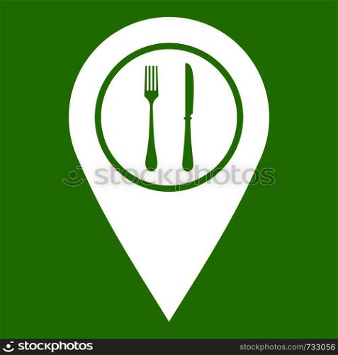Map pin pointer with cafe or restaurant sign icon white isolated on green background. Vector illustration. Map pin pointer with cafe or restaurant sign icon green